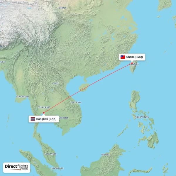 Bangkok - Shalu direct flight map