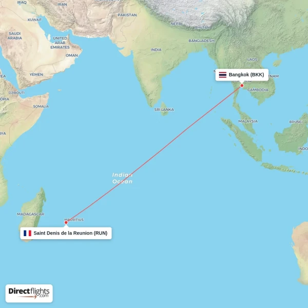Bangkok - Saint Denis de la Reunion direct flight map