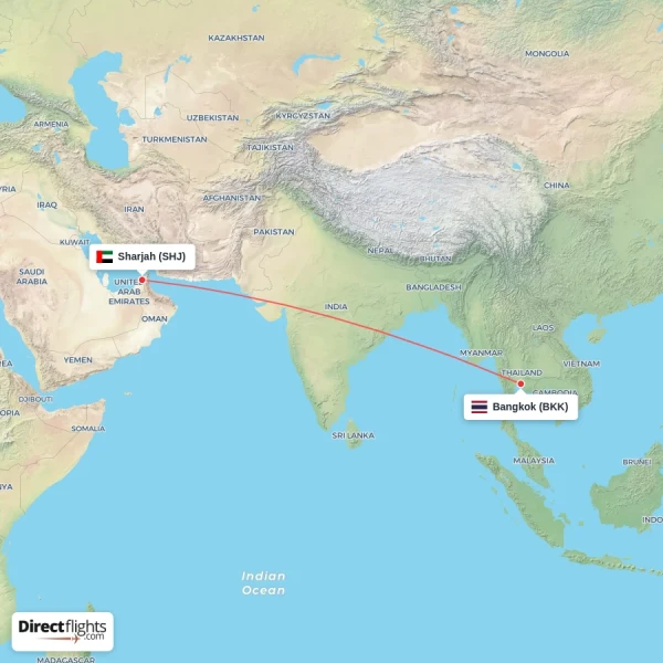 Bangkok - Sharjah direct flight map
