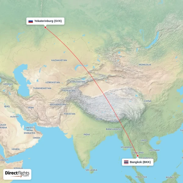 Bangkok - Yekaterinburg direct flight map