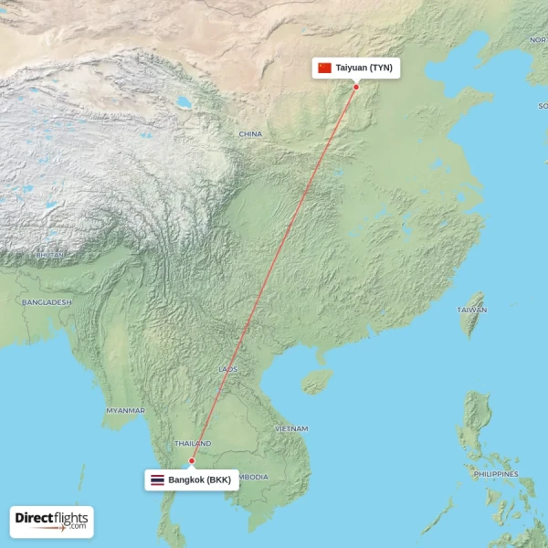 Bangkok - Taiyuan direct flight map