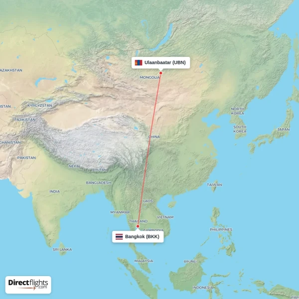 Bangkok - Ulaanbaatar direct flight map