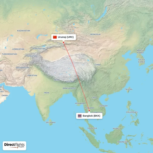Bangkok - Urumqi direct flight map