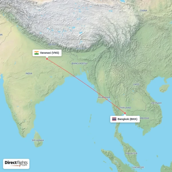 Bangkok - Varanasi direct flight map