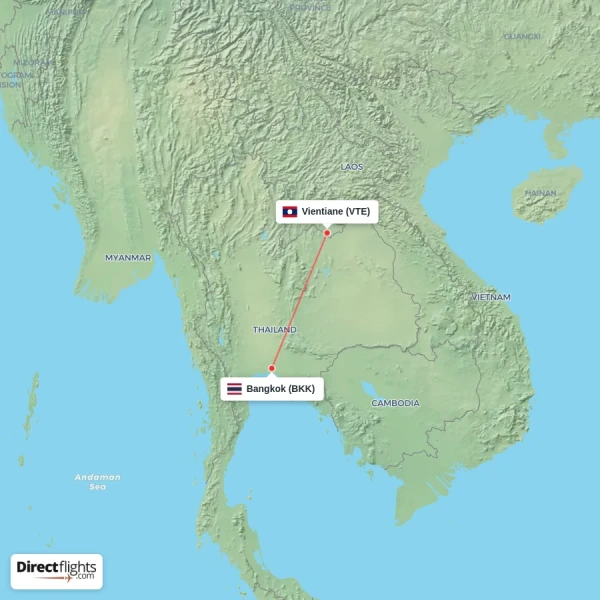 Bangkok - Vientiane direct flight map