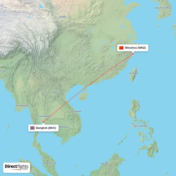 Bangkok - Wenzhou direct flight map