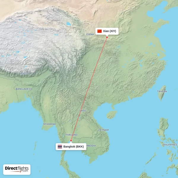 Bangkok - Xian direct flight map