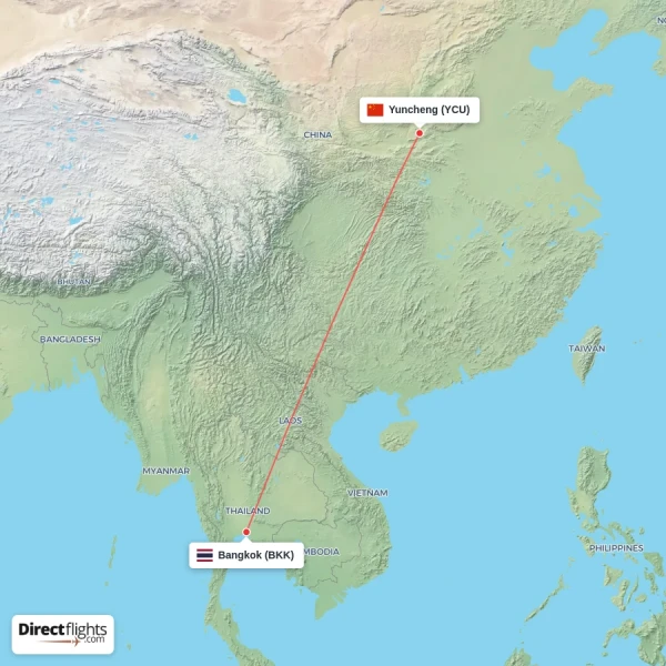 Bangkok - Yuncheng direct flight map