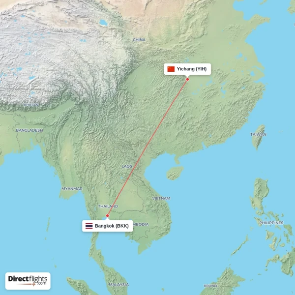 Bangkok - Yichang direct flight map
