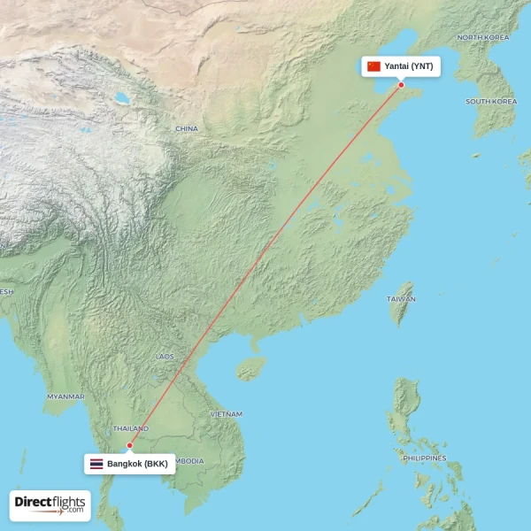 Bangkok - Yantai direct flight map