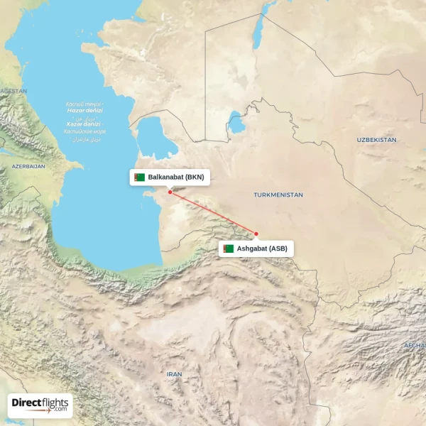 Balkanabat - Ashgabat direct flight map