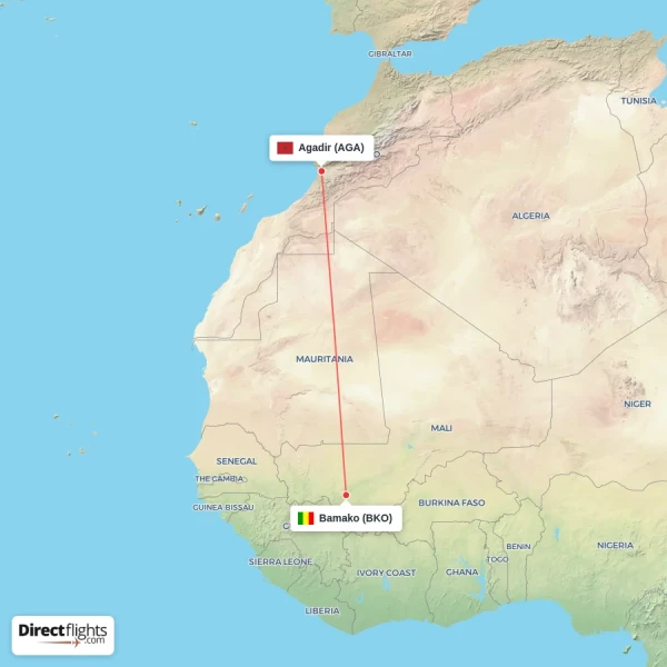 Bamako - Agadir direct flight map