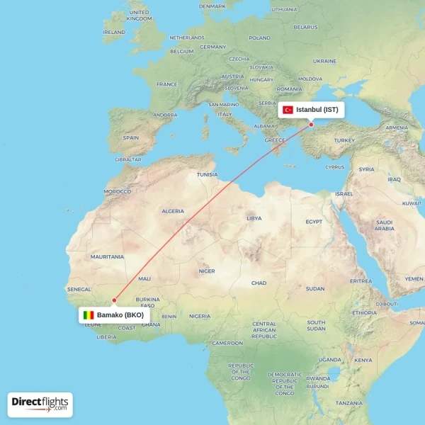 Bamako - Istanbul direct flight map