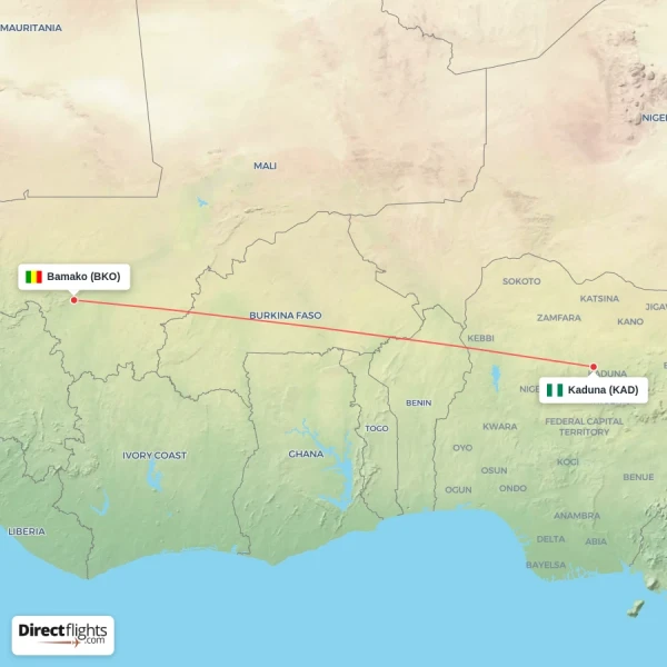 Bamako - Kaduna direct flight map