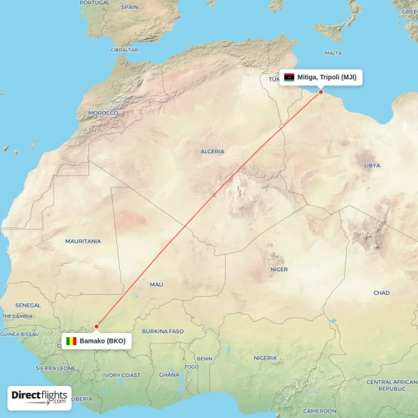 Bamako - Mitiga, Tripoli direct flight map