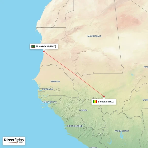 Bamako - Nouakchott direct flight map