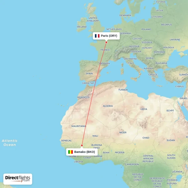 Bamako - Paris direct flight map