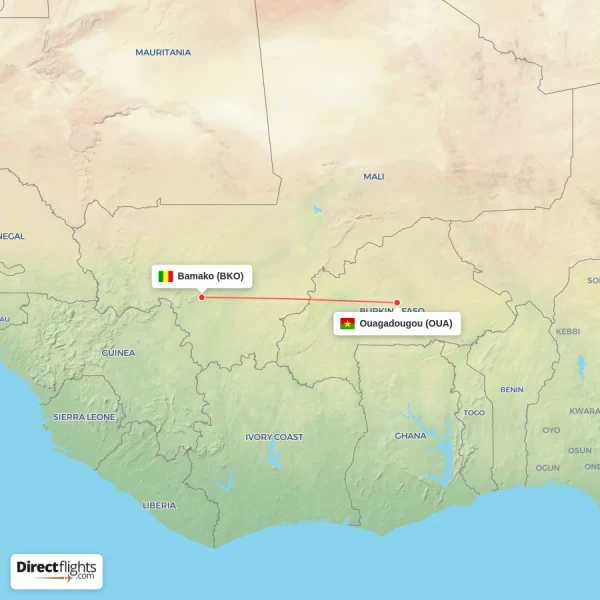 Bamako - Ouagadougou direct flight map