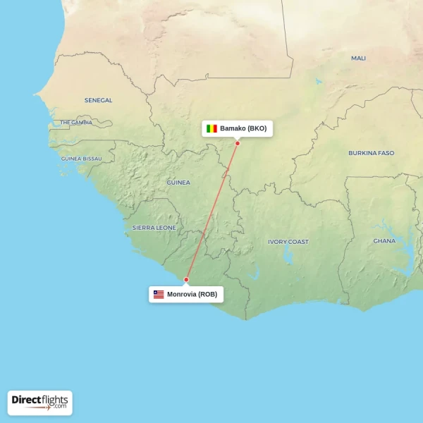Bamako - Monrovia direct flight map