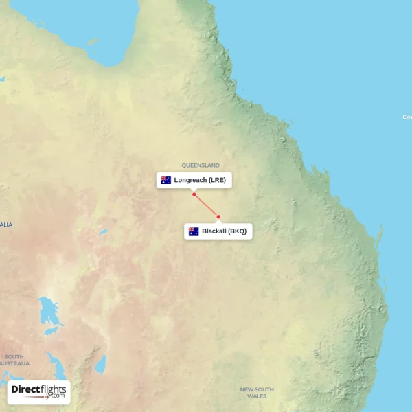 Blackall - Longreach direct flight map
