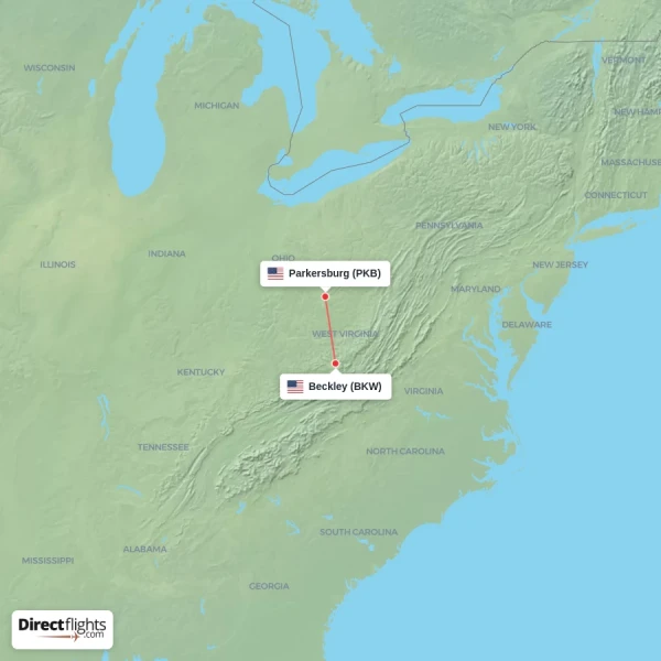Beckley - Parkersburg direct flight map