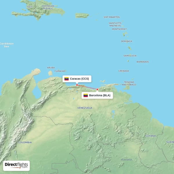 Barcelona - Caracas direct flight map