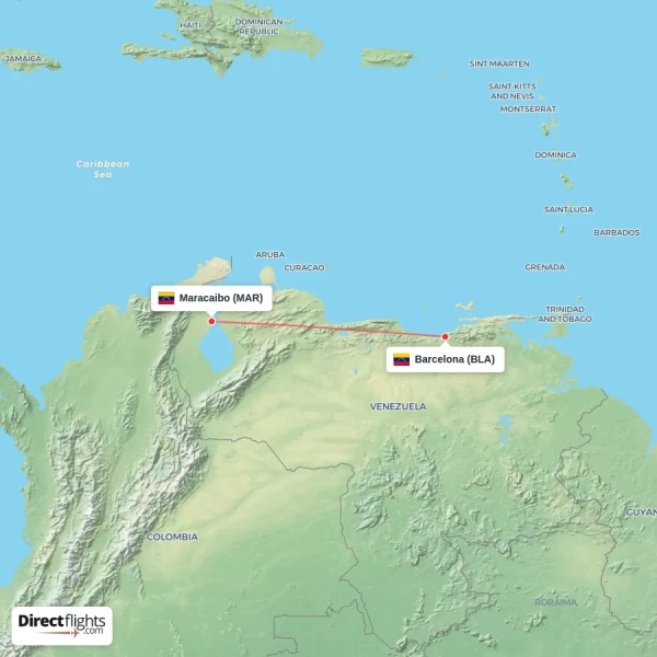 Barcelona - Maracaibo direct flight map