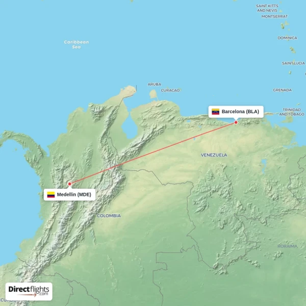 Barcelona - Medellin direct flight map