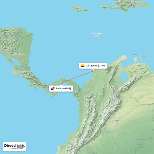 Balboa - Cartagena direct flight map