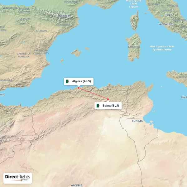 Batna - Algiers direct flight map