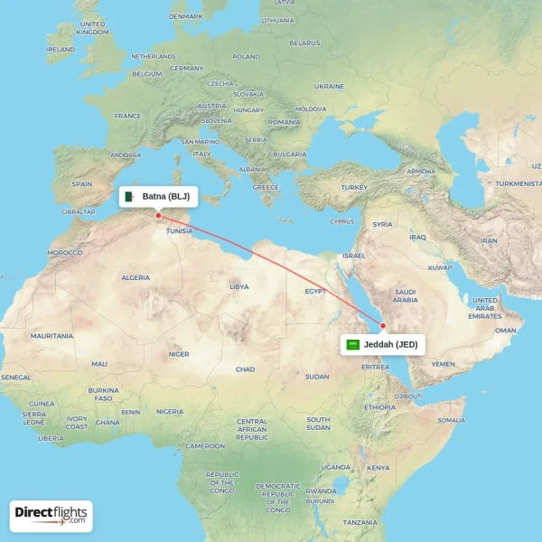 Batna - Jeddah direct flight map