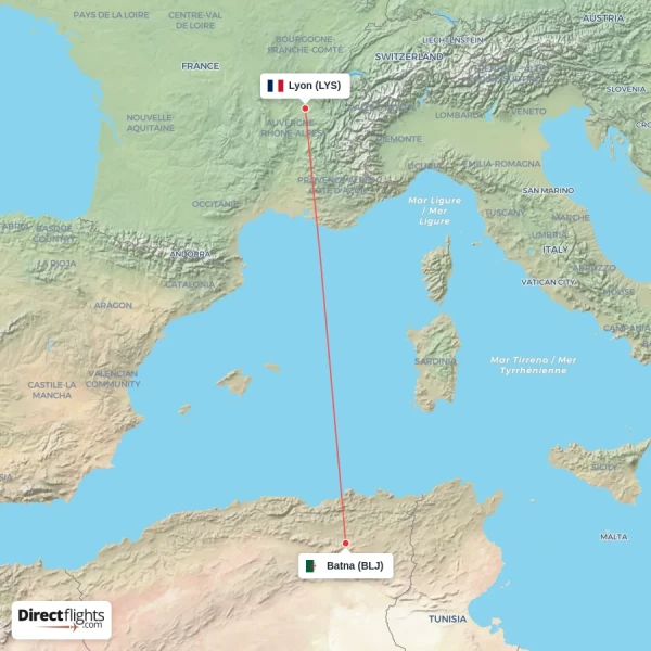 Batna - Lyon direct flight map