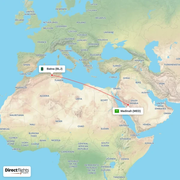 Batna - Madinah direct flight map