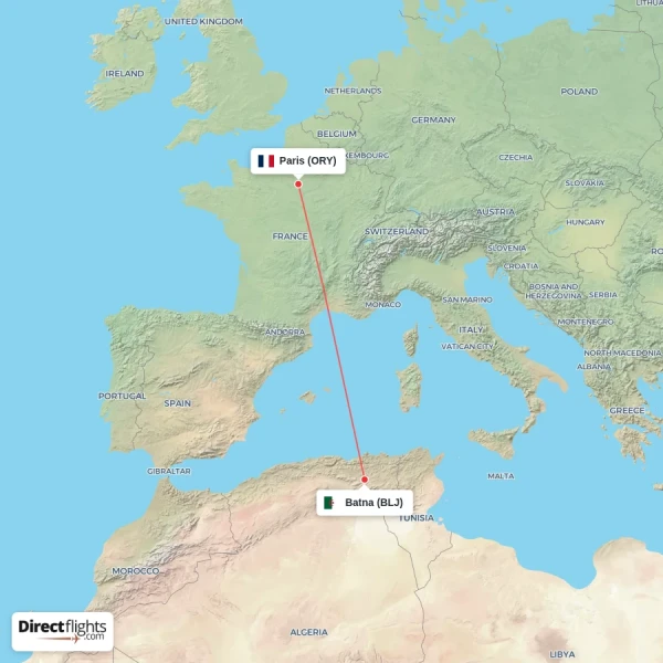 Batna - Paris direct flight map