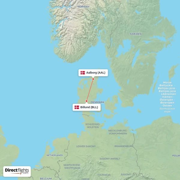 Billund - Aalborg direct flight map