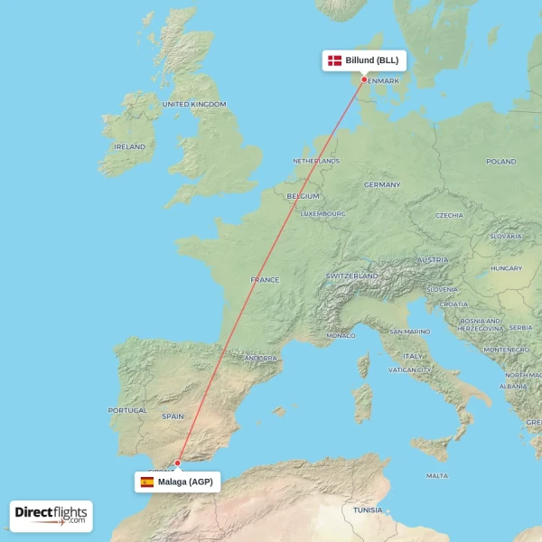 Billund - Malaga direct flight map