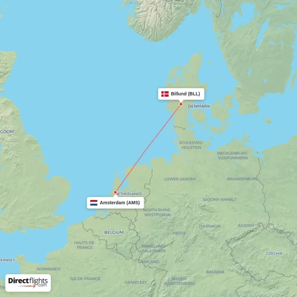 Billund - Amsterdam direct flight map