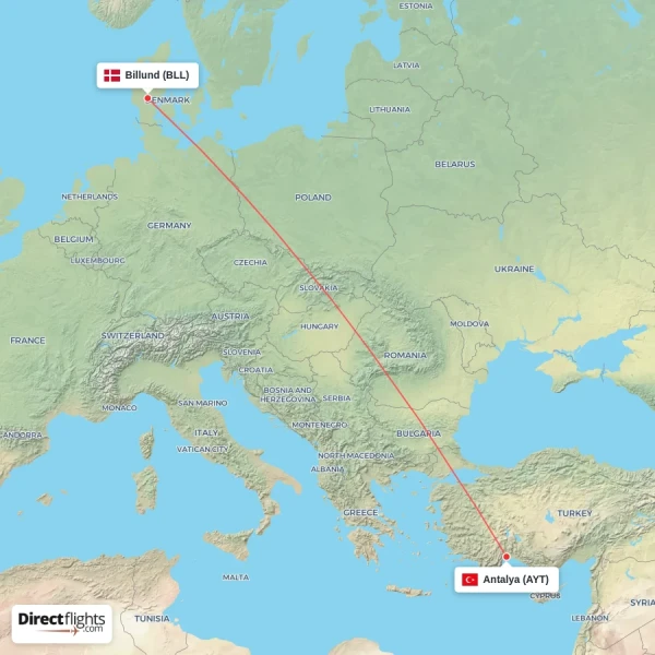 Billund - Antalya direct flight map