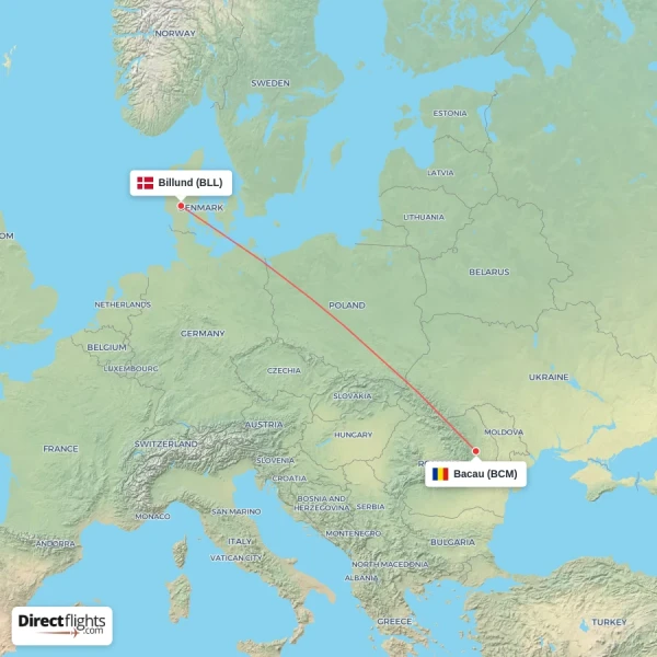 Billund - Bacau direct flight map