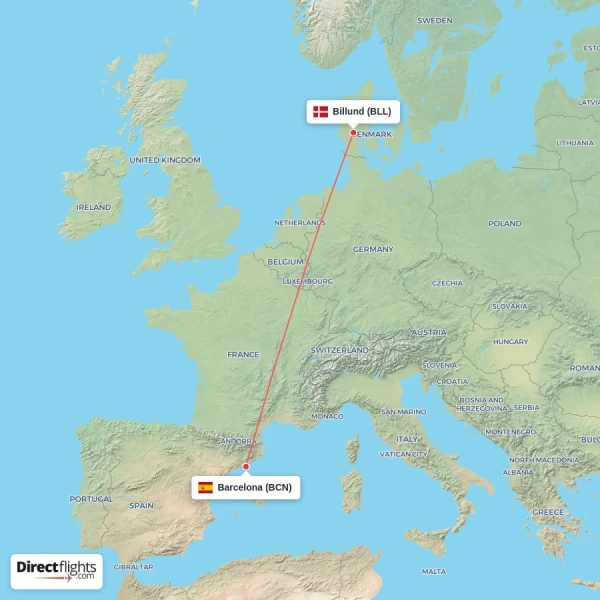 Billund - Barcelona direct flight map