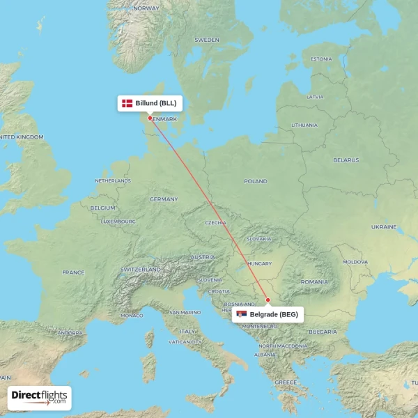 Billund - Belgrade direct flight map