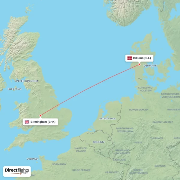 Billund - Birmingham direct flight map