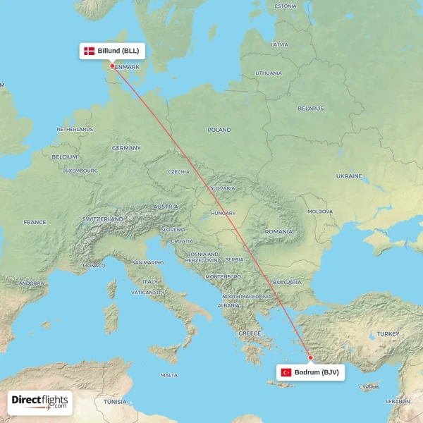 Billund - Bodrum direct flight map
