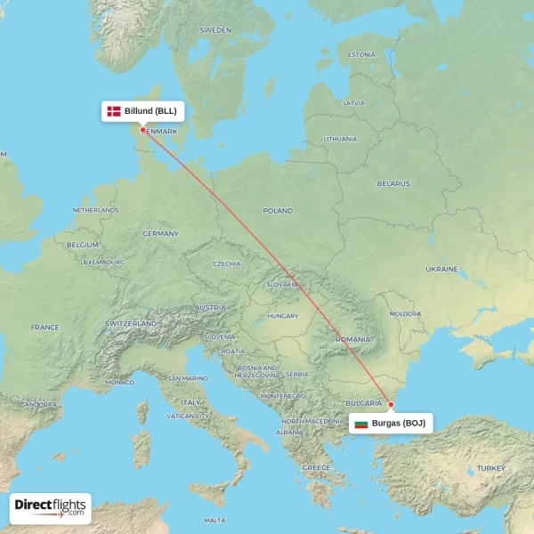Billund - Burgas direct flight map