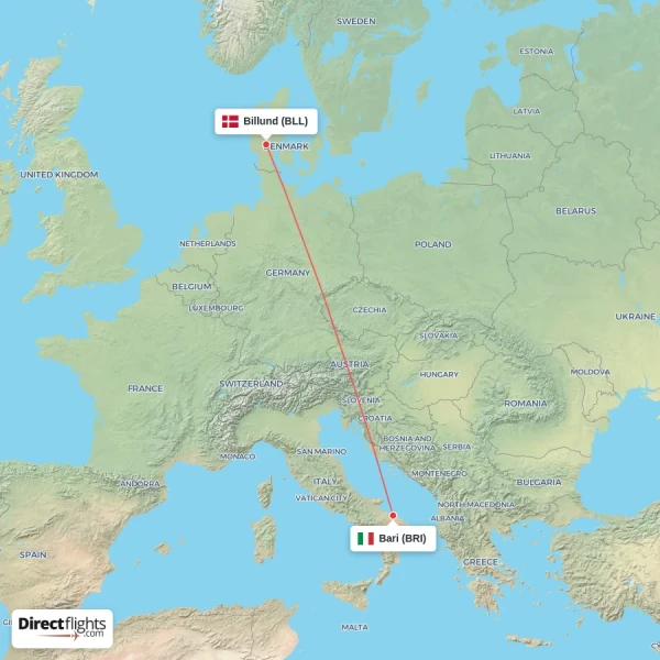Billund - Bari direct flight map