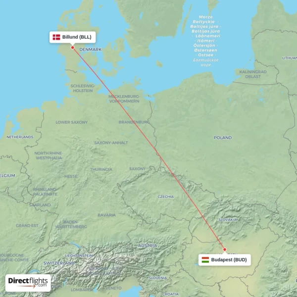 Billund - Budapest direct flight map