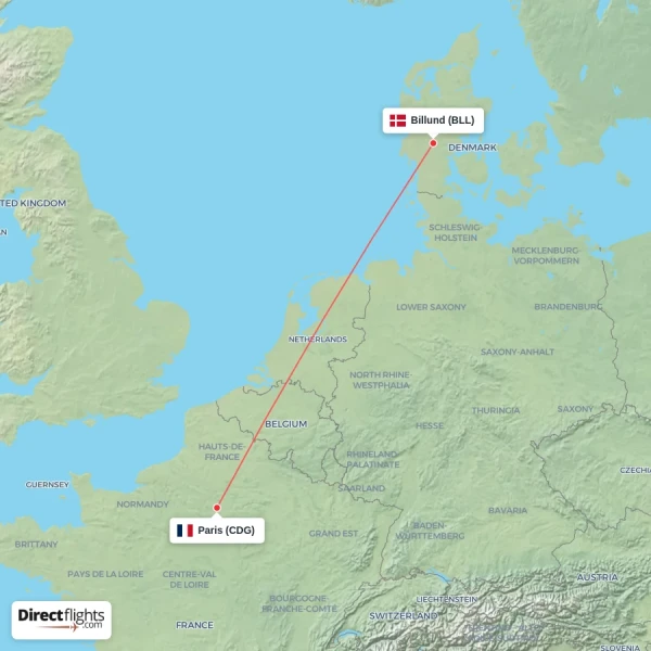 Billund - Paris direct flight map