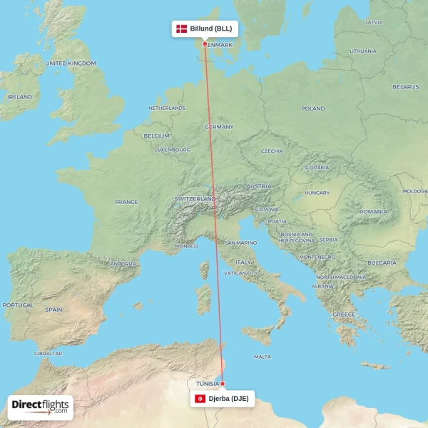 Billund - Djerba direct flight map