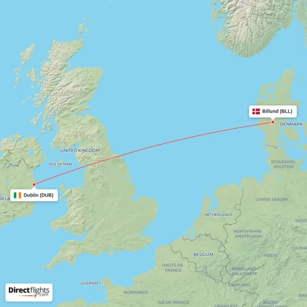 Billund - Dublin direct flight map