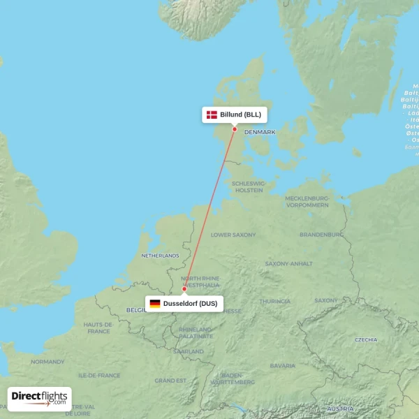Billund - Dusseldorf direct flight map